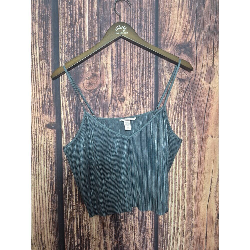 Victoria's Secret Sz L Y2K Silver Pleaded Cami Tank Top V-Neck VTG Cropped
